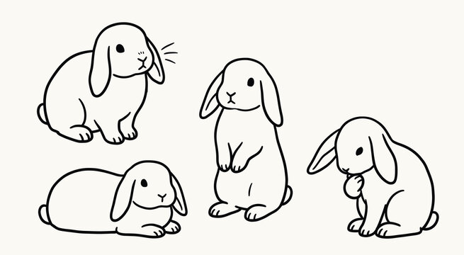 Set of cute hand drawn lop eared rabbits in various poses on a cream background with character
