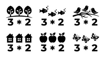 Obraz premium Nature Icons Set: Trees, Fish, Birds, Houses, Apples, Butterflies