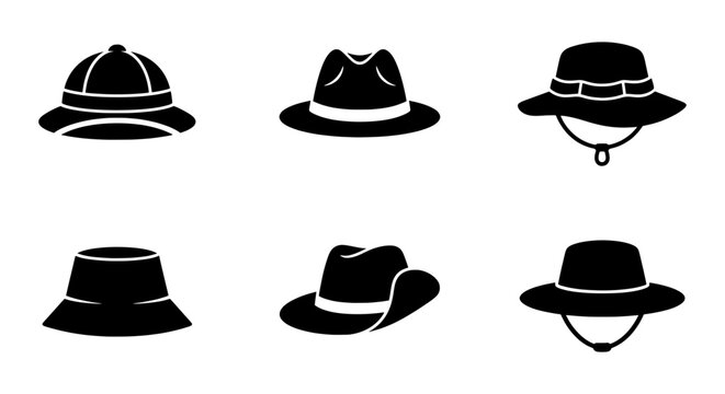 Vector Hat Icons Set: Safari, Fedora, Bucket, Cowboy Styles