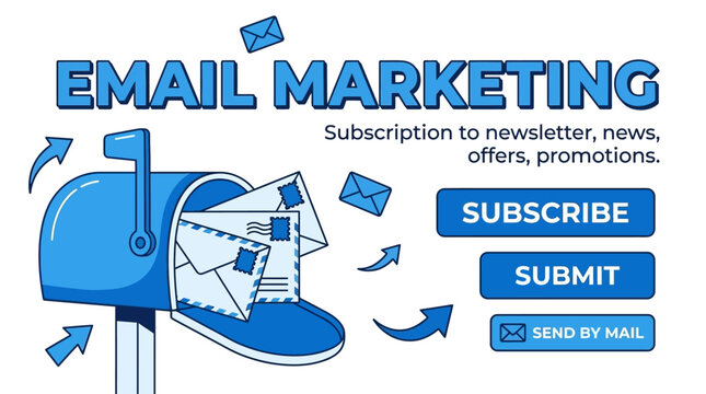 Flat vector illustration of a digital email marketing campaign banner featuring a subscription sign-up form for newsletter updates and professional online business news delivery services.