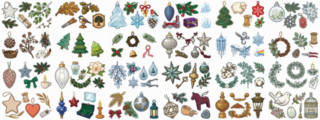 Obraz premium Seasonal Winter Decor Art Collection Featuring Festive Ornaments and Natural Elements