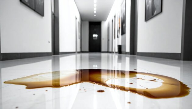 Spilled coffee puddle on white hallway floor reflection.