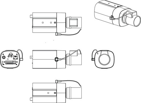 Set of technical vector illustrations showing multiple projections of an industrial surveillance or inspection camera, including side, front, rear, and isometric views, designed for engineering docume