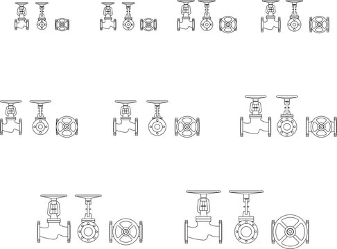 Technical CAD drawing collection of industrial pipeline valves including gate valves with handwheels, globe valves, and wafer butterfly valves arranged in rows of increasing size.