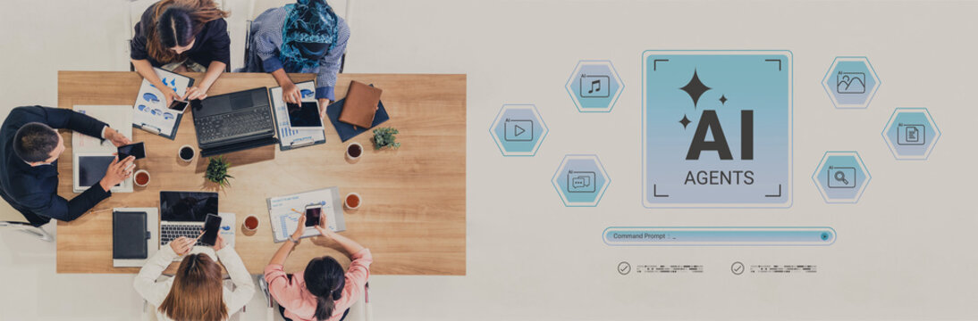 Aerial view of a diverse team of professionals engaged in a collaborative discussion about artificial intelligence projects, utilizing various technology tools in a modern workspace. Cyphers