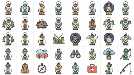 Cartoon penguins 20260702 are preparing for an expedition with various gear and equipment in a landscape setting. © Ikaiku