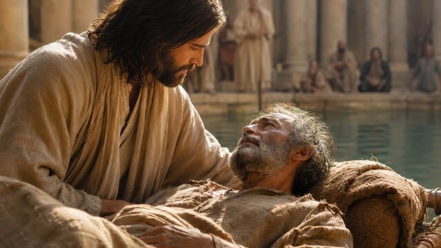 Jesus and an exhausted, infirm man by the water. A moment of compassion and healing, illustrating the ancient biblical story of faith and divine intervention.