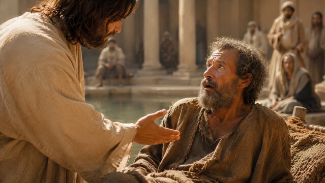 Jesus and an exhausted, infirm man by the water. A moment of compassion and healing, illustrating the ancient biblical story of faith and divine intervention.