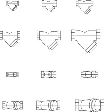 Collection of technical vector illustrations showing various industrial pipe fittings, including Y-strainers and reducers, designed for engineering, plumbing, architectural schematics, and mechanical 
