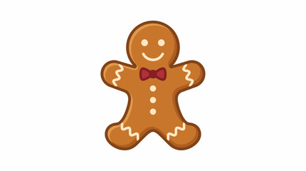 A cheerful gingerbread man with icing and a red bow tie stands alone © Ikaiku