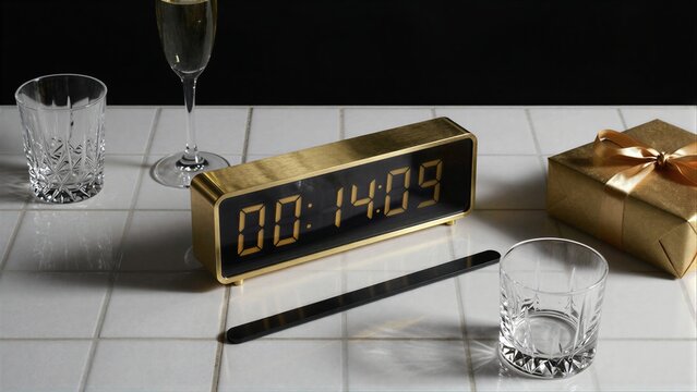Golden clock displays 00:14:09 on white tiled surface with glasses and gift.
