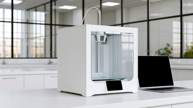 3D printer used in the medical field with a laptop in a futuristic lab, advanced biotechnology and printing concept, with copy space
