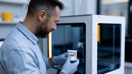 Fototapeta premium Dental technician removing a jaw model from a 3D printer at a laboratory for implant production, dental technology concept, with copy space