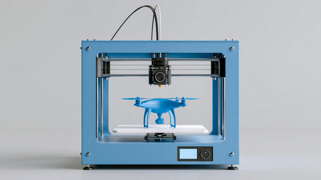 3D printer creating a blue drone model on a white platform, additive manufacturing process isolated on transparent background, with copy space