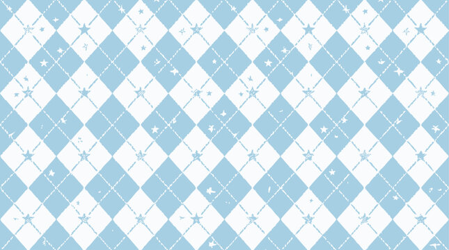 Elegant pastel blue and white rhombus seamless pattern featuring twinkling sparkling stars in a vintage retro argyle aesthetic style for textile backdrop or decorative wallpaper design.
