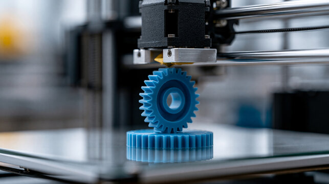 Desktop 3D printer creating a blue plastic gear on a glass bed, industrial prototyping concept, with copy space