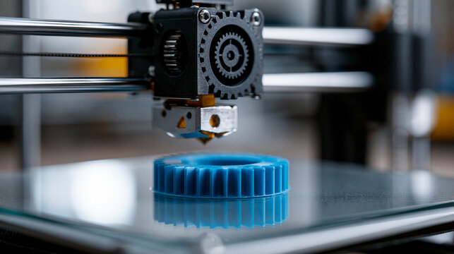Desktop 3D printer creating a blue plastic gear on a glass bed, industrial prototyping concept, with copy space