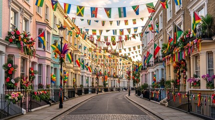 Naklejka premium Festive Street Decoration with Colorful Triangular Flags