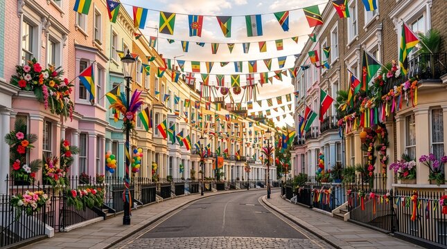 Festive Street Decoration with Colorful Triangular Flags