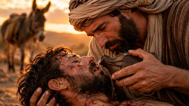 Samaritan man helps a wounded traveler, offering water from a leather flask under a tree at sunset with a donkey in the banner format