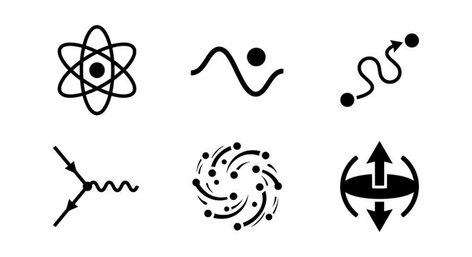 Physics Icons Set: Atom, Wave, Particle Path, Interaction, Vortex, Spin