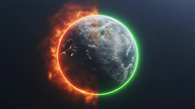 Digitally rendered Earth divided between fiery destruction and glowing green sustainability