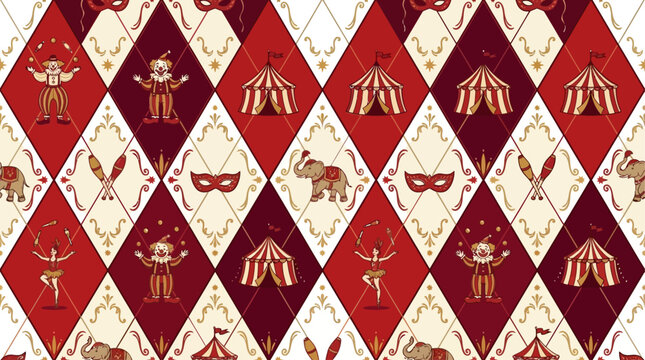 Red and White Harlequin Seamless Pattern Featuring Classic Geometric Rhombus Diamond Shapes for Circus Carnival Background or Elegant Argyle Fabric Design Masque Style Texture Vector Art.