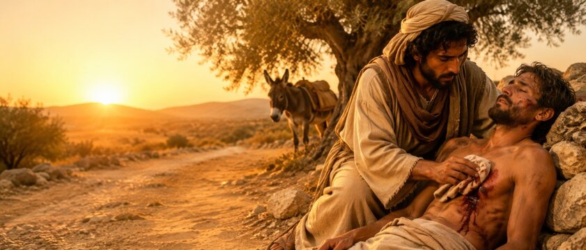 Good samaritan tending to injured man in desert landscape with donkey at sunset, showing compassion and care