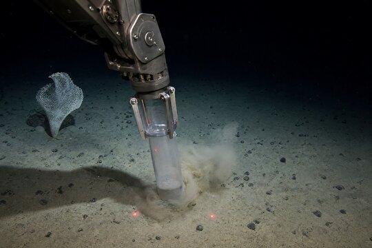 ROV Manipulator Taking Sediment Core Sample on Abyssal Plain