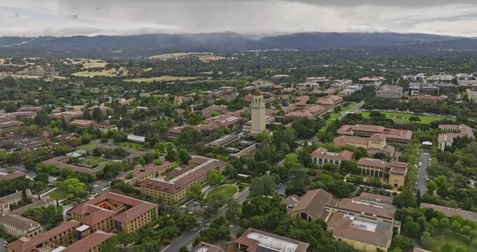 Stanford City California Aerial v6 drone flyover university campus area capturing landmark hoover tower, flying towards the main quad and entrance oval lawn - Shot with Mavic 3 Cine - June 2022