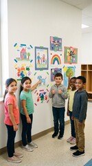 Fototapeta premium Diverse group of elementary school children proudly displaying artwork on classroom wall