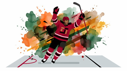 Naklejka premium Dynamic Hockey Player in Action, Celebrating a Goal with Raised Arms, Flat Illustration Style with Watercolor Splatter Background and Geometric Accents, Sports Concept