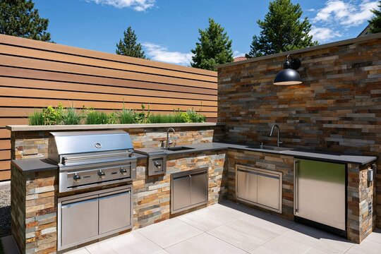 Kitchen outdoor luxury patio with stone masonry grill and modern backyard design