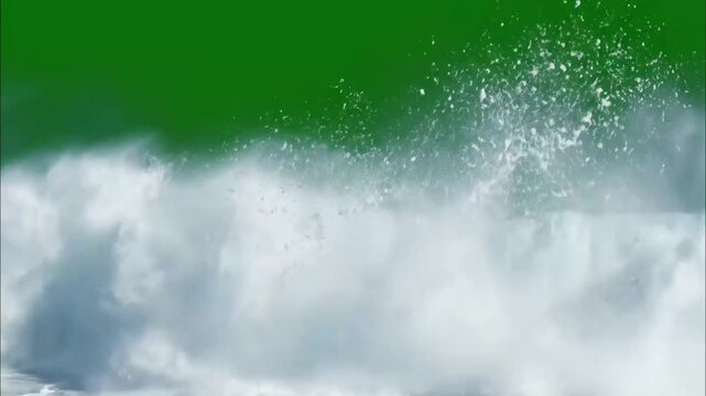 Ocean wave splashing on green screen background, powerful sea water spray and white foam, realistic liquid explosion for vfx compositing