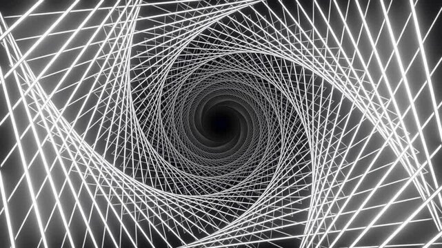 Abstract infinite tunnel with glowing geometric white lines, 4k video footage