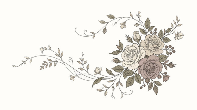 Asymmetrical Floral Arrangement Vector Illustration with Roses, Leaves, and Swirls on White Background, Elegant Botanical Design Element, Copy Space