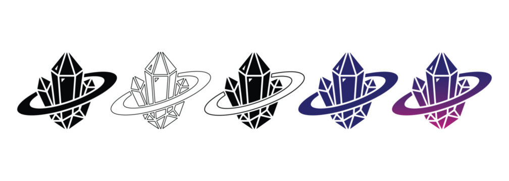 Space economy and asteroid mining vector icon set. Crystal mineral with planetary ring