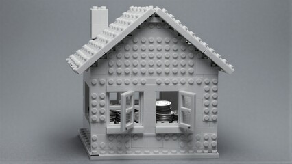 Fototapeta premium Lego house with coins inside, symbolizing savings or financial security.