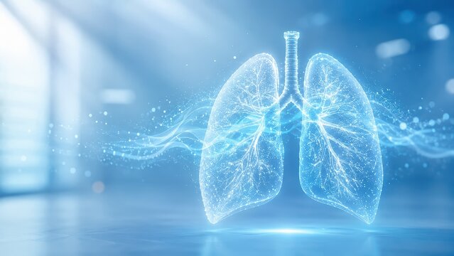 Glowing digital hologram of human lungs representing futuristic medical technology and respiratory health.