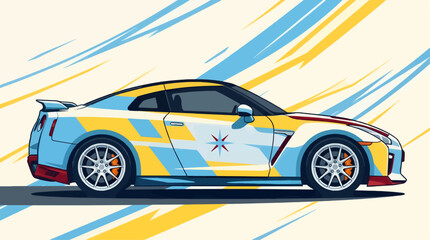 Fototapeta premium Flat Vector Illustration of a Sleek Modern Sports Car in Side Profile View, Dynamic Geometric Pattern in Blue, Yellow, and White with Red Accents, Abstract Speed Lines Background, Clean Graphic Design