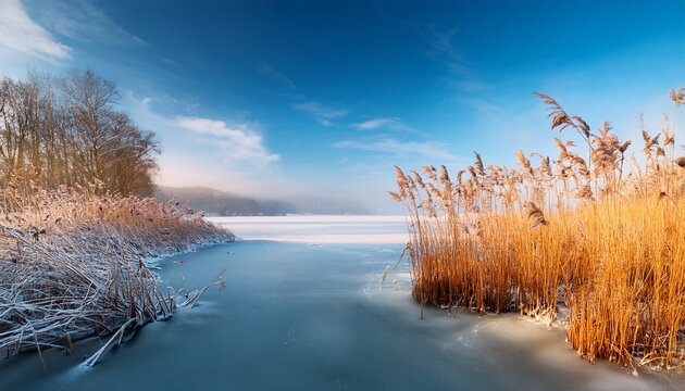 Dry Reeds On Frozen Lake In Winter