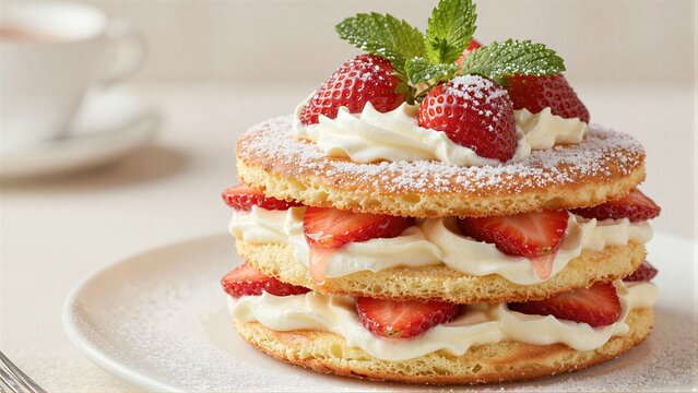 Delicious strawberry pancakes with cream, mint, and powdered sugar on a white plate.