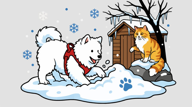 Fluffy Samoyed Puppy Playing in Snow Next to Orange Tabby Cat Sitting on Rock by Wooden Doghouse, Winter Scene with Snowflakes and Icicles, Flat Vector Illustration