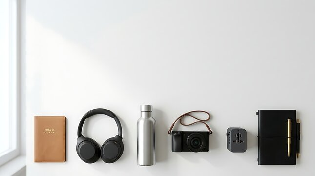 A perfectly organized collection of essential items for modern travel planning, showcasing technology and personal accessories for an upcoming adventure.