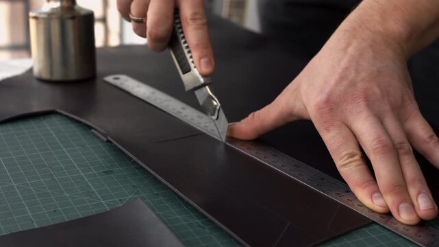 Craftsman cutting genuine leather with a utility knife and ruler in a workshop for handmade products