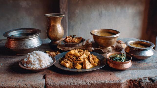 Newari cuisine features traditional dishes served on a wooden table