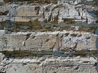Fototapeta premium Premium commercial texture background of a heavily weathered stone wall with rough crumbling plaster. This high-resolution close-up photography showcases a rugged antique limestone block structure wit