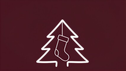 Fototapeta premium White Christmas tree and stocking outline on deep red background.