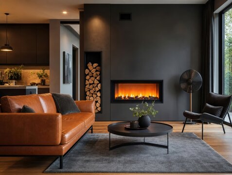 Modern luxury living room interior with cozy tan leather sofa and contemporary electric fireplace feature wall