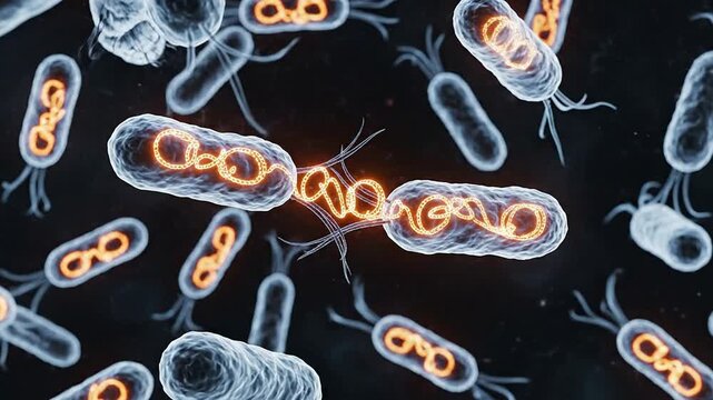 Microscopic Visualization of Gene Transfer Among Multiple Bacteria in a Dark Scientific Background Highlighting Biotechnology Concepts
